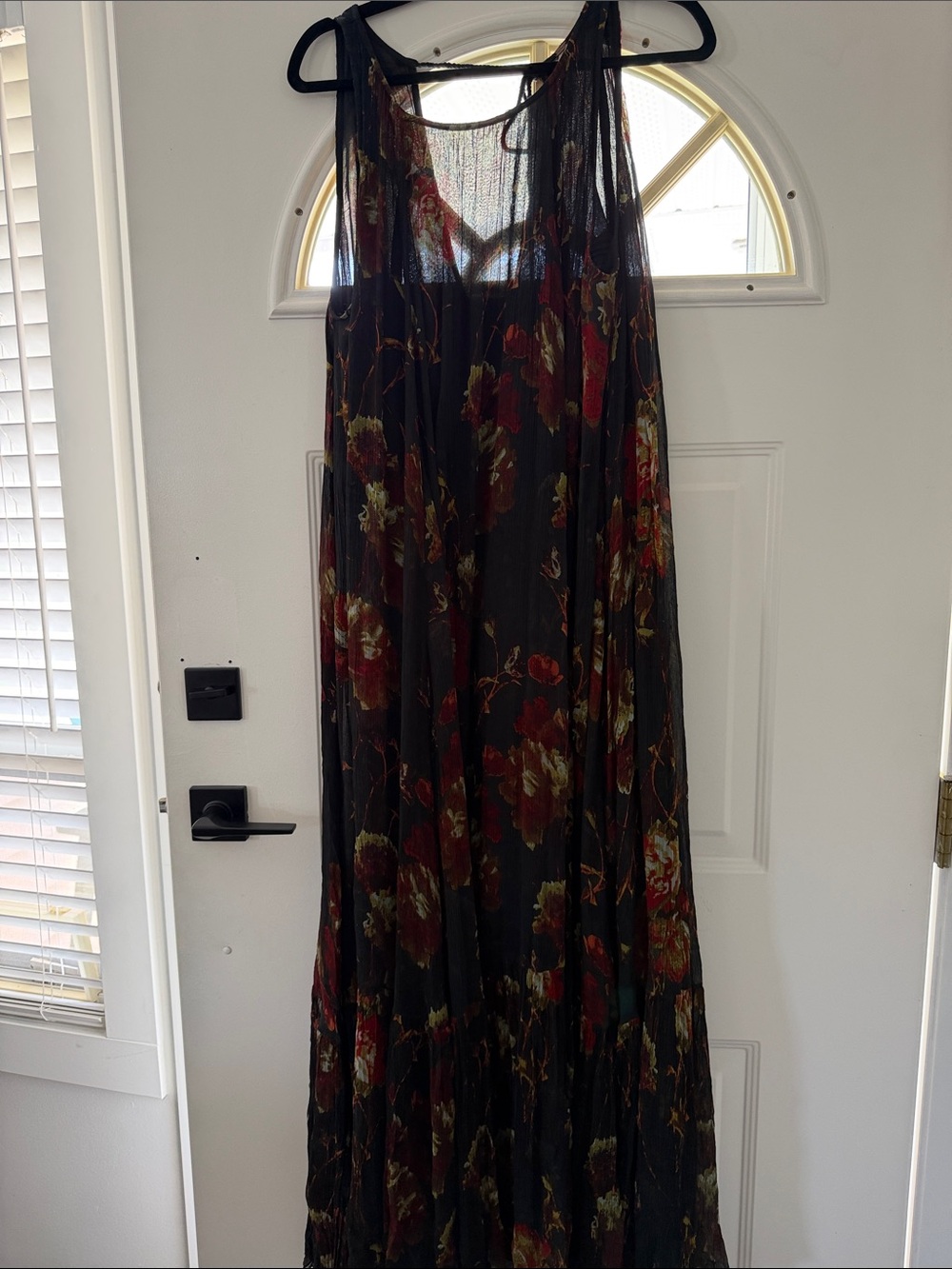 Free People Black Sheer Floral Maxi Dress with Red & Green Blooms
